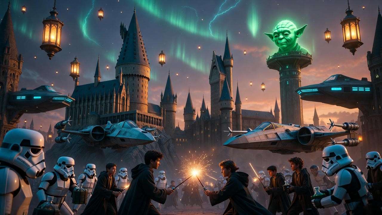 Imagined Hogwarts as Jedi Academy with students wielding wand-lightsabers in Star Wars Harry Potter crossover what-if scene.