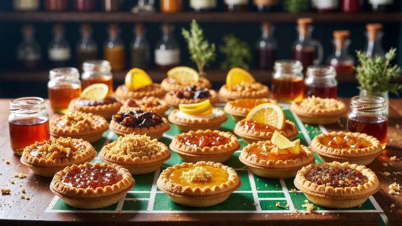 Mini gluten-free and boozy variations of Harry Potter treacle tart on themed baking board.

