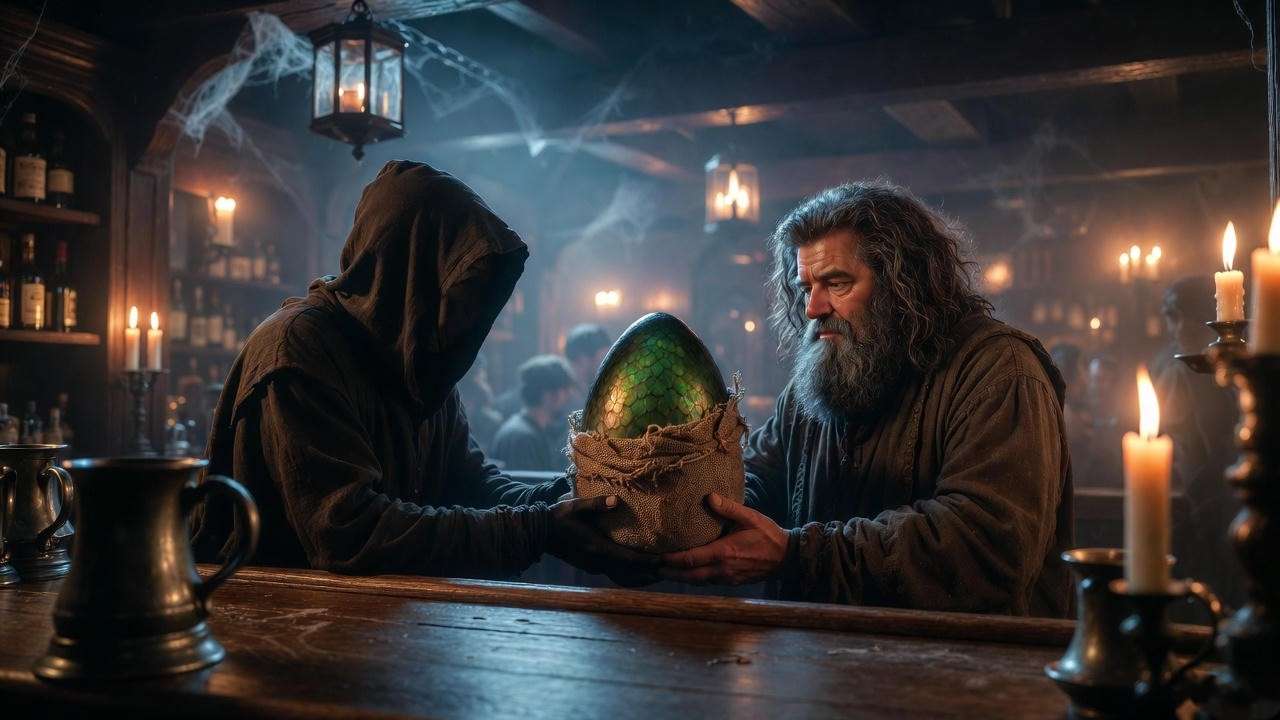 Illustration of Hagrid acquiring the mysterious green dragon egg in the Hog's Head pub, Harry Potter Norwegian Ridgeback origins.
