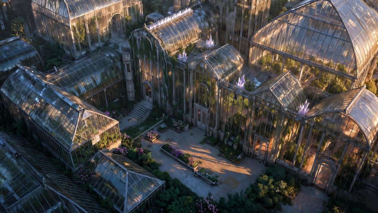 Hogwarts greenhouses layout illustration showing seven magical structures for Herbology classes in Harry Potter.
