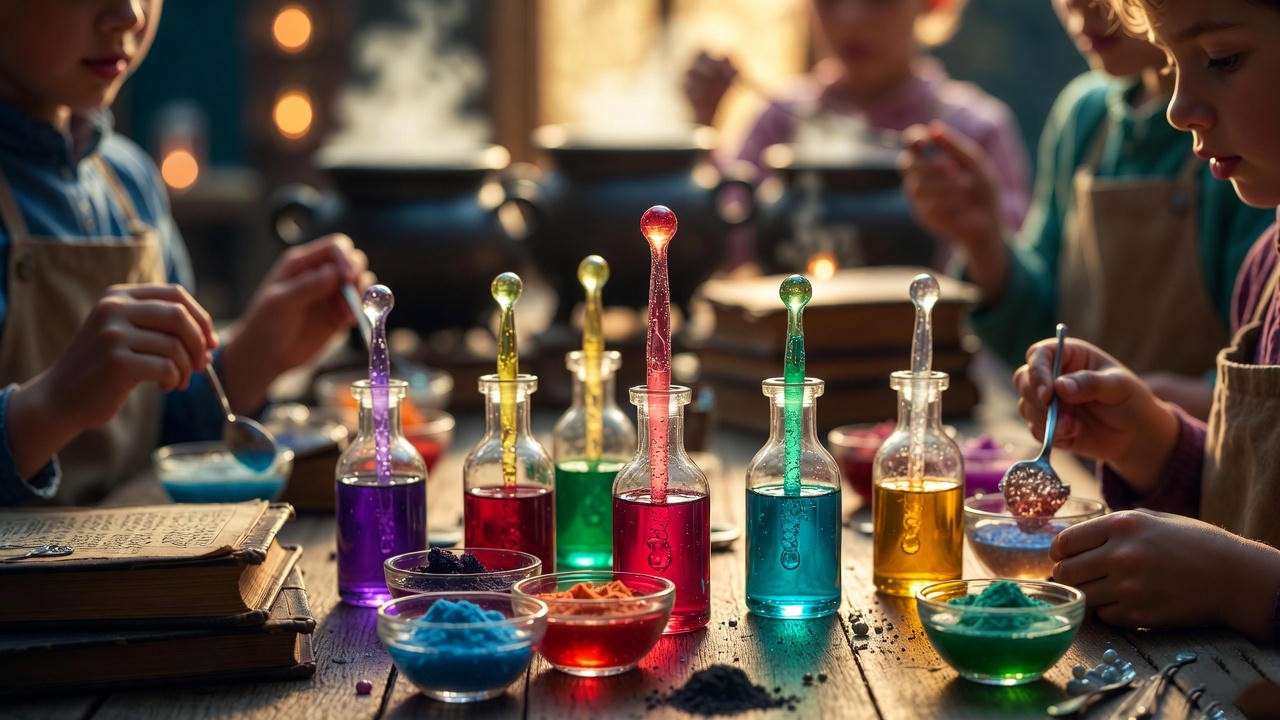 Kids playing DIY Quidditch with broomsticks and Snitch for Harry Potter birthday activities.

