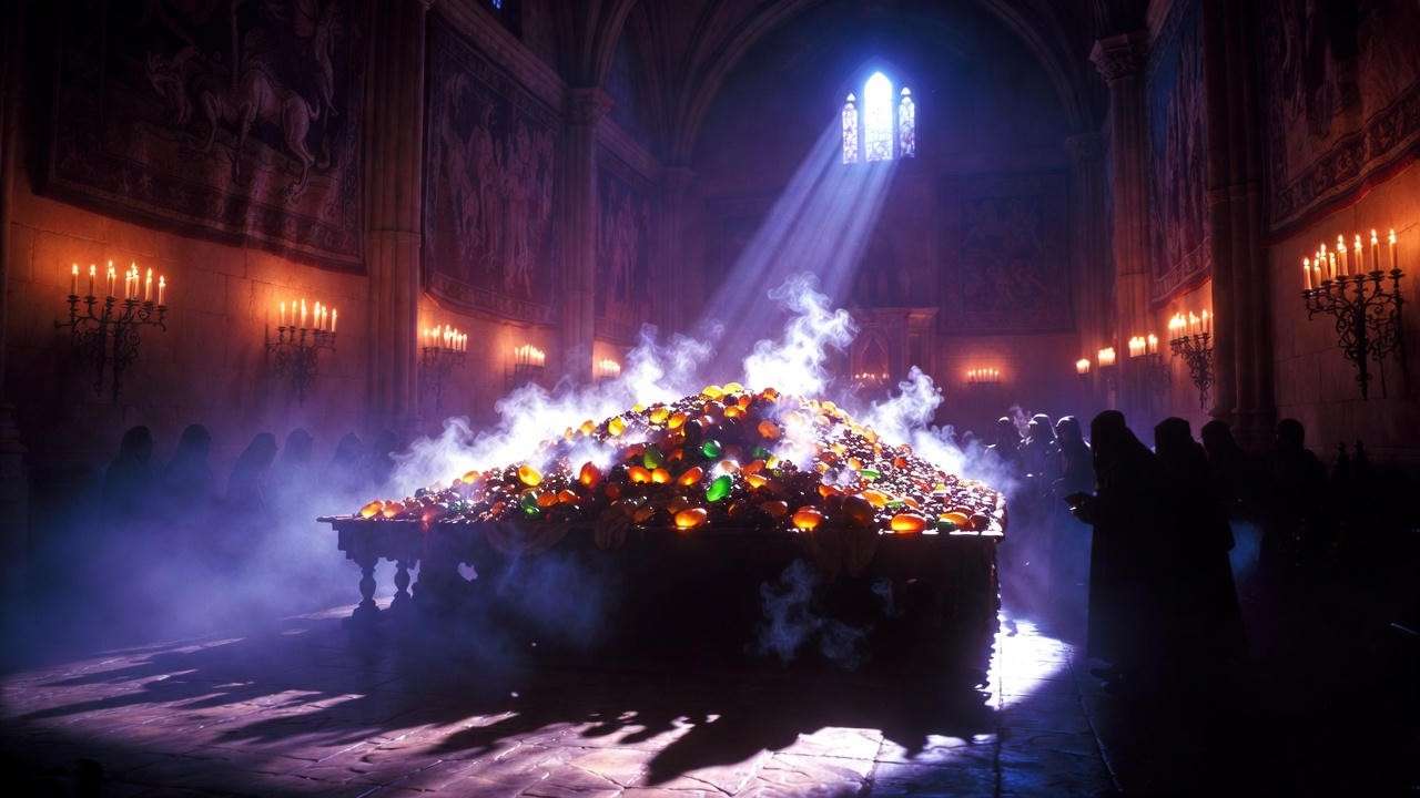 Illustration of worst Harry Potter beans flavors like booger and earwax in a dramatic Hogwarts hall tasting scene.