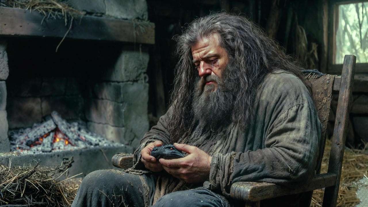 Emotional depiction of Hagrid grieving the loss of Norbert after the green dragon egg hatching in Harry Potter.
