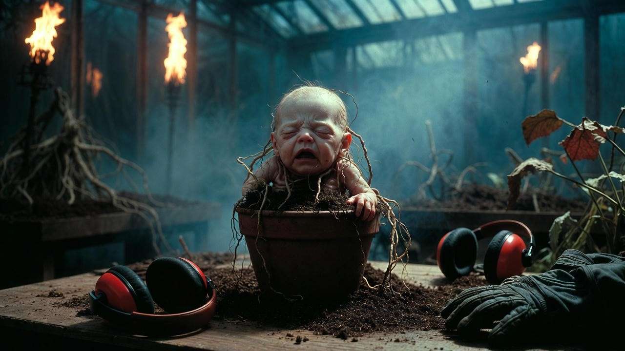  Harry Potter Mandrake root repotting in Hogwarts greenhouse dangerous magical plant illustration.
