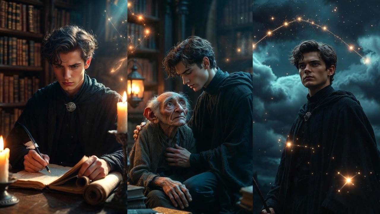 Symbolic triptych of Regulus Black's key strengths—intelligence, loyalty, and courage—in Harry Potter character analysis.
