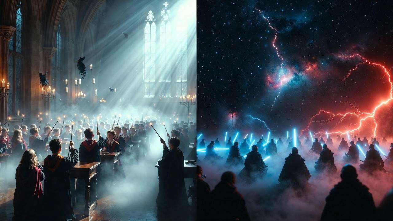 Comparative artwork of Harry Potter light-dark themes merging with Star Wars Force destiny and redemption arcs in crossover style.