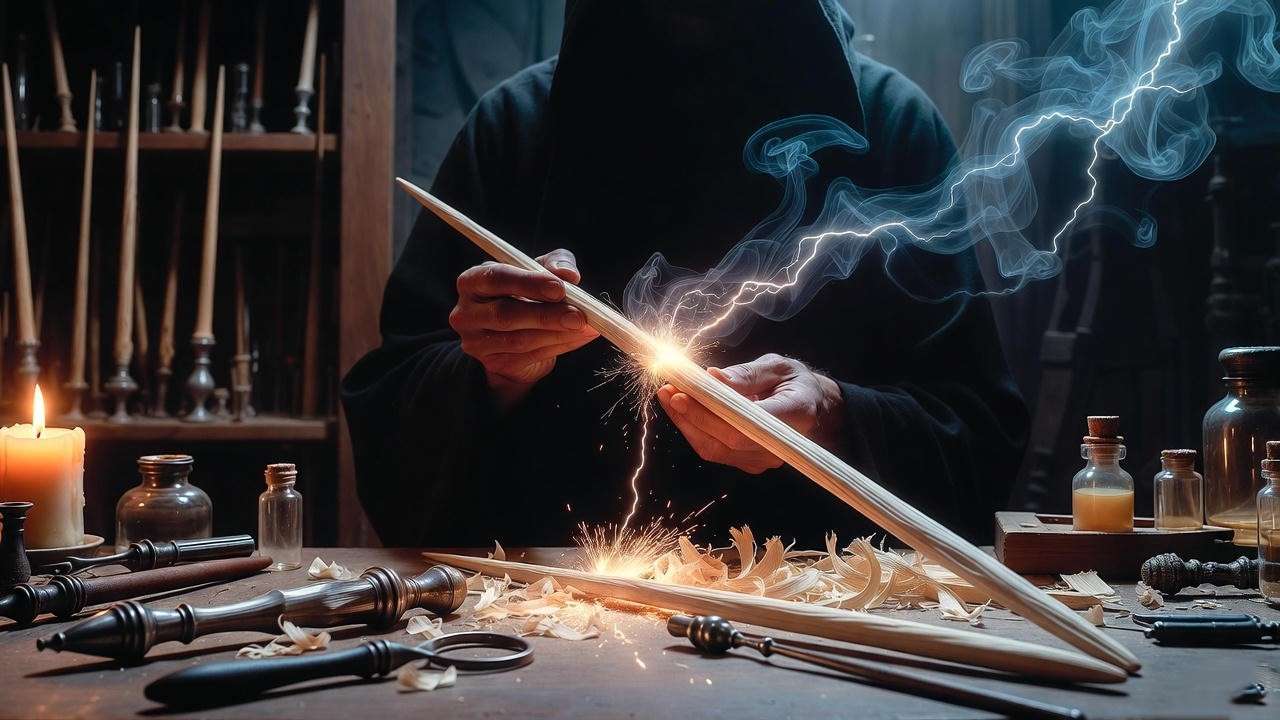 Ollivander crafting an ash tree wand with unicorn core in Harry Potter workshop, sparks and tools highlighting magical wood selection process.