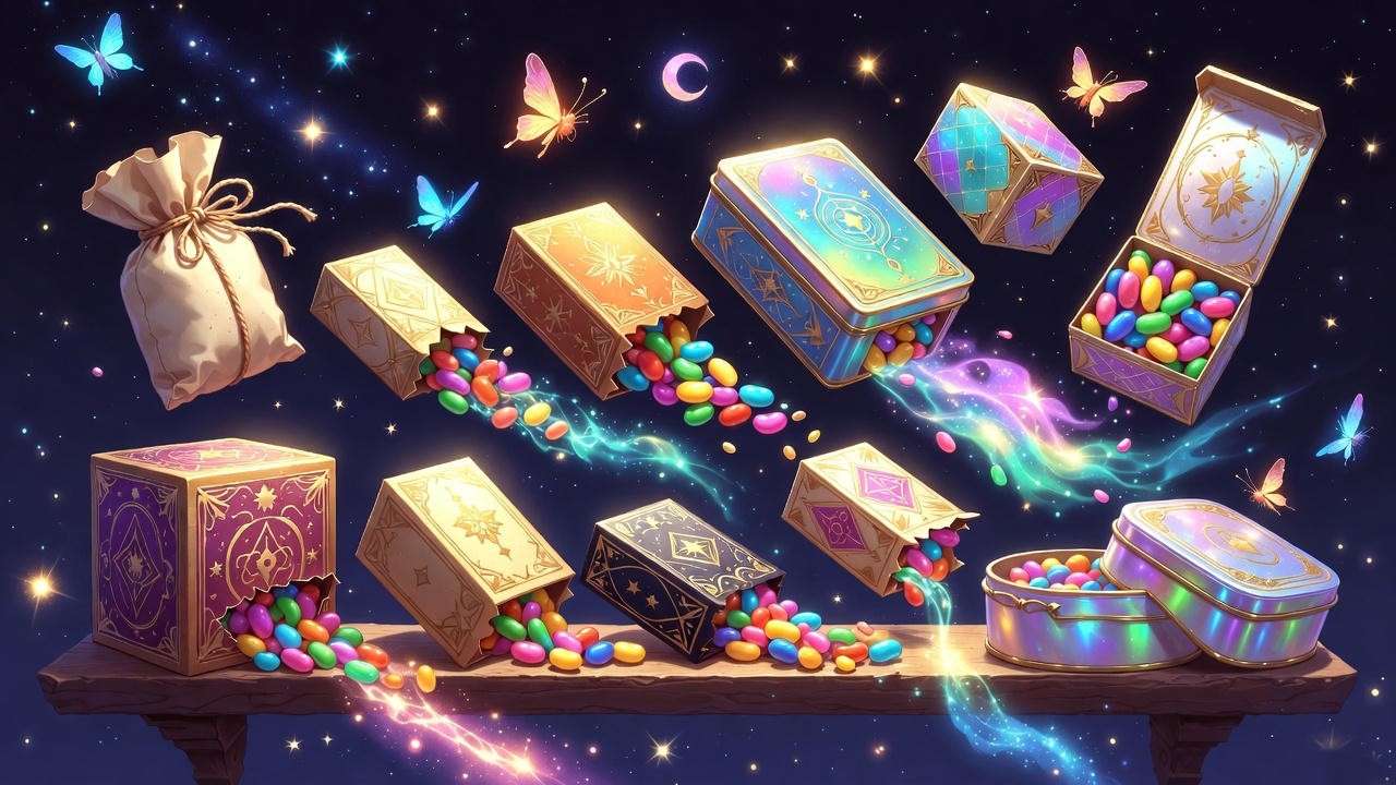 Evolution of Bertie Bott's Every Flavor Beans packaging from book to real life, magical timeline illustration for Harry Potter fans.