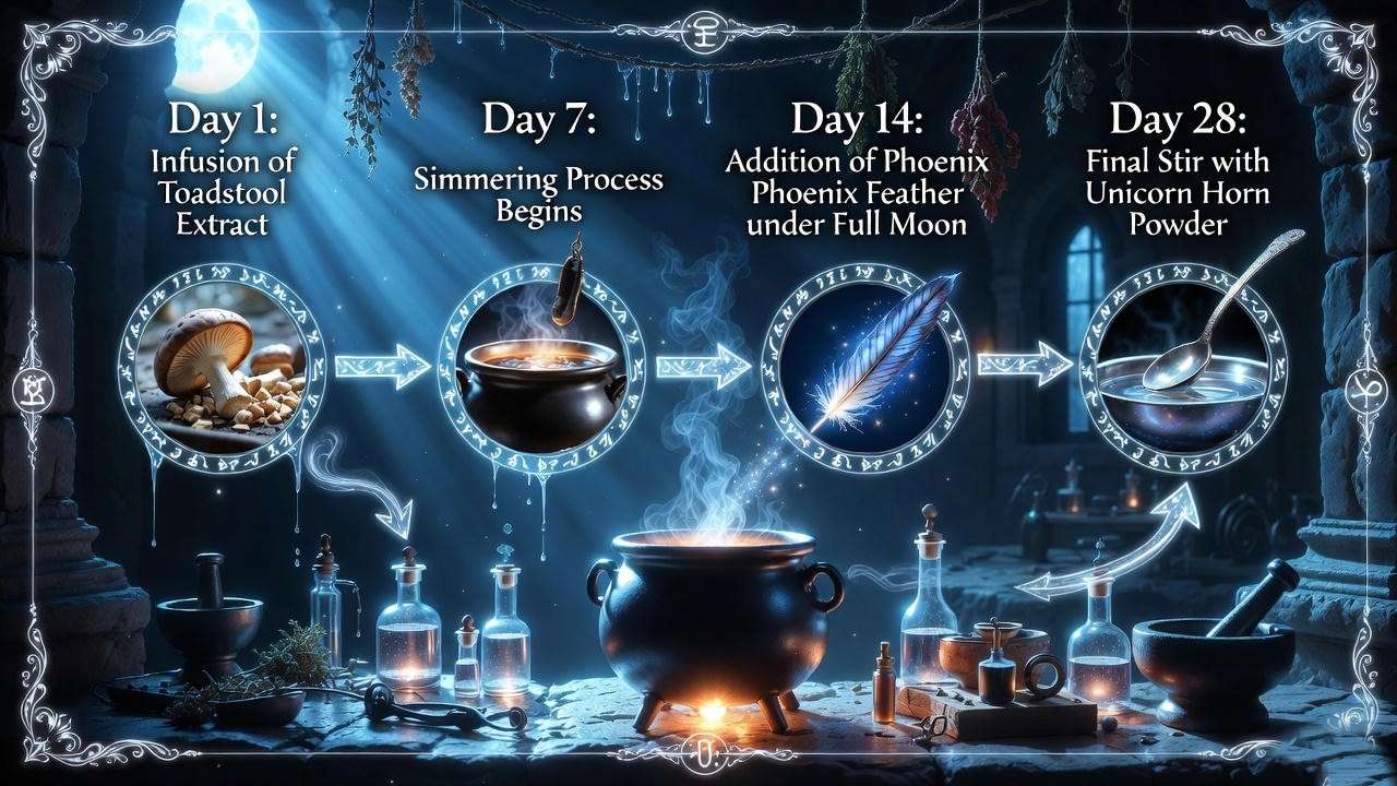 Step-by-step guide to brewing Veritaserum potion in a Hogwarts dungeon laboratory.
