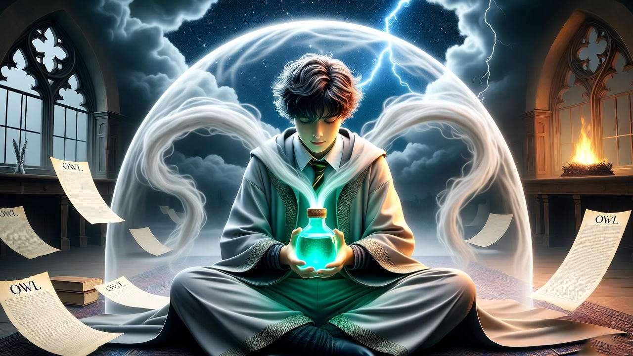Symbolic Harry Potter artwork of Draught of Peace calming anxiety, wizard with vial amid storm in Hogwarts room.
