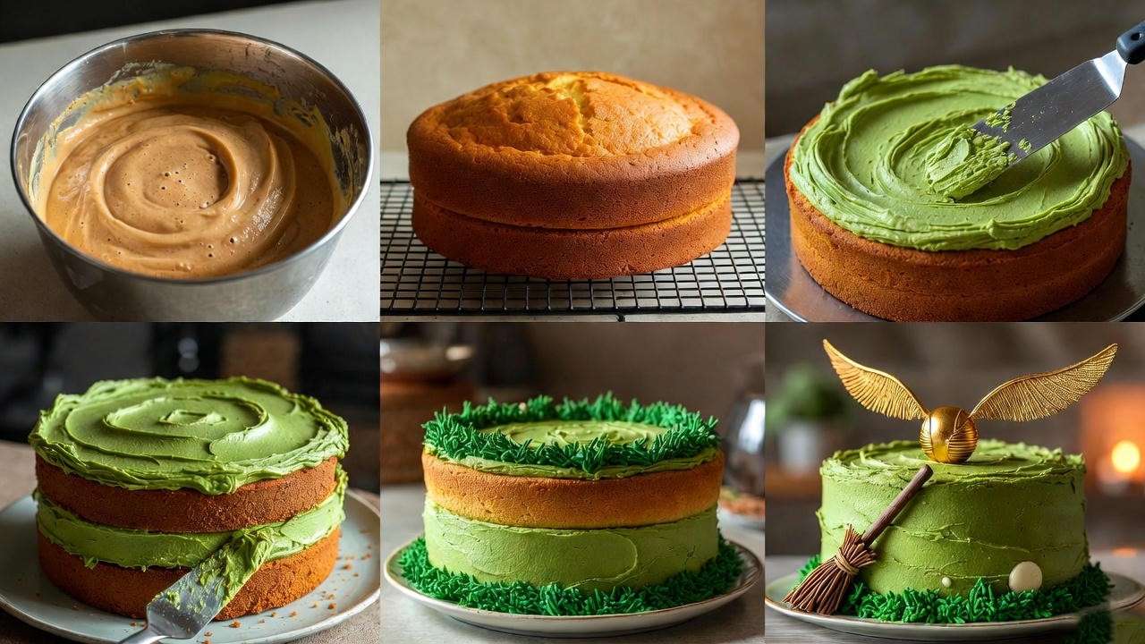 Step-by-step Quidditch cake decorating process from batter to finished Harry Potter themed dessert