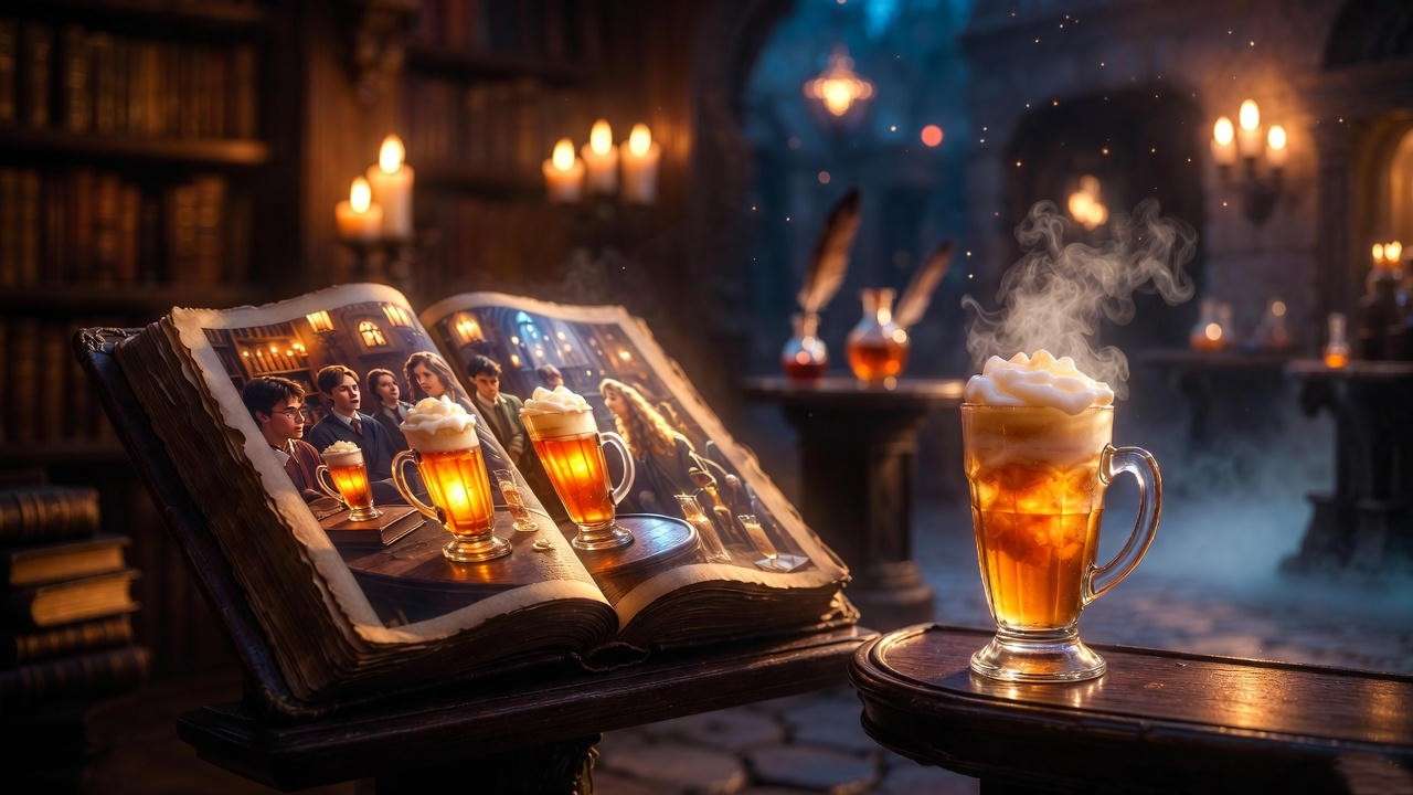 Historical evolution of Butterbeer from Harry Potter books to drinks at Harry Potter World in Universal Orlando. 