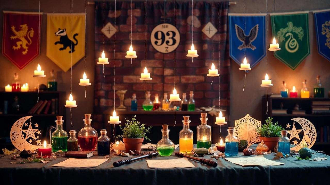 Group of friends in Harry Potter robes under floating candles in Hogwarts Great Hall for birthday theme inspiration.
