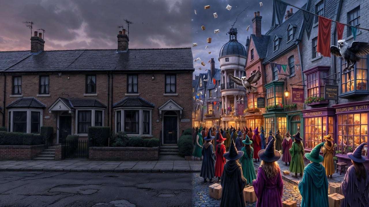 Harry Potter Muggle world vs wizarding realm contrast illustration for Philosopher's Stone analysis
