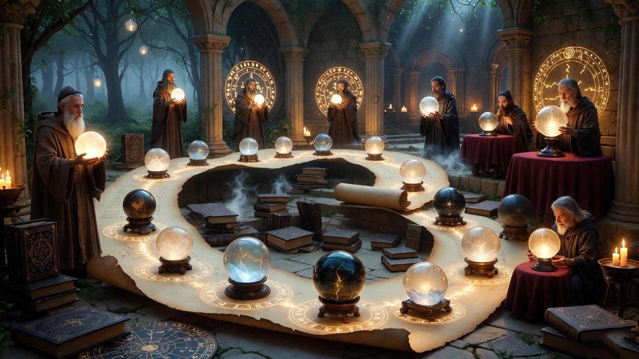Ancient seers and Hogwarts crystal balls timeline illustration in Harry Potter lore. 