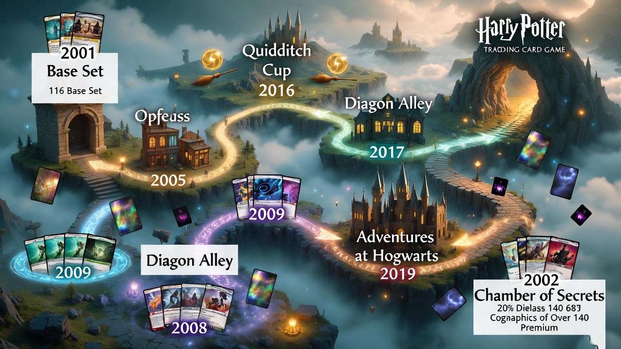 Illustrated timeline of Harry Potter trading card game expansions from Base Set to Chamber of Secrets.