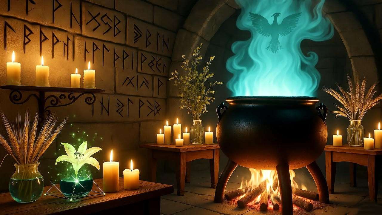 Bubbling cauldron in alchemical workshop, representing Potter family ingenuity in Harry Potter lore.