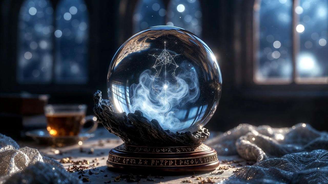 Detailed view of Sybill Trelawney's symbolic Harry Potter crystal ball prop. 