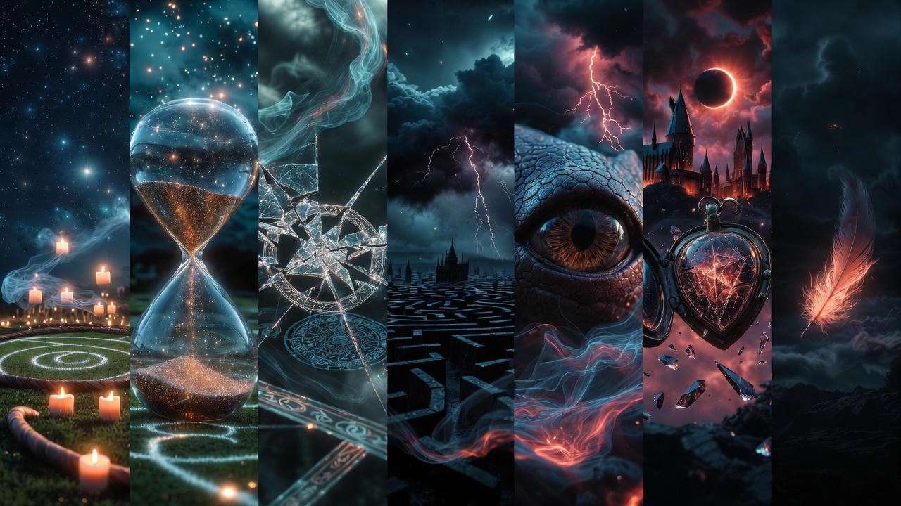 Harry Potter series dystopian themes evolution timeline illustration.