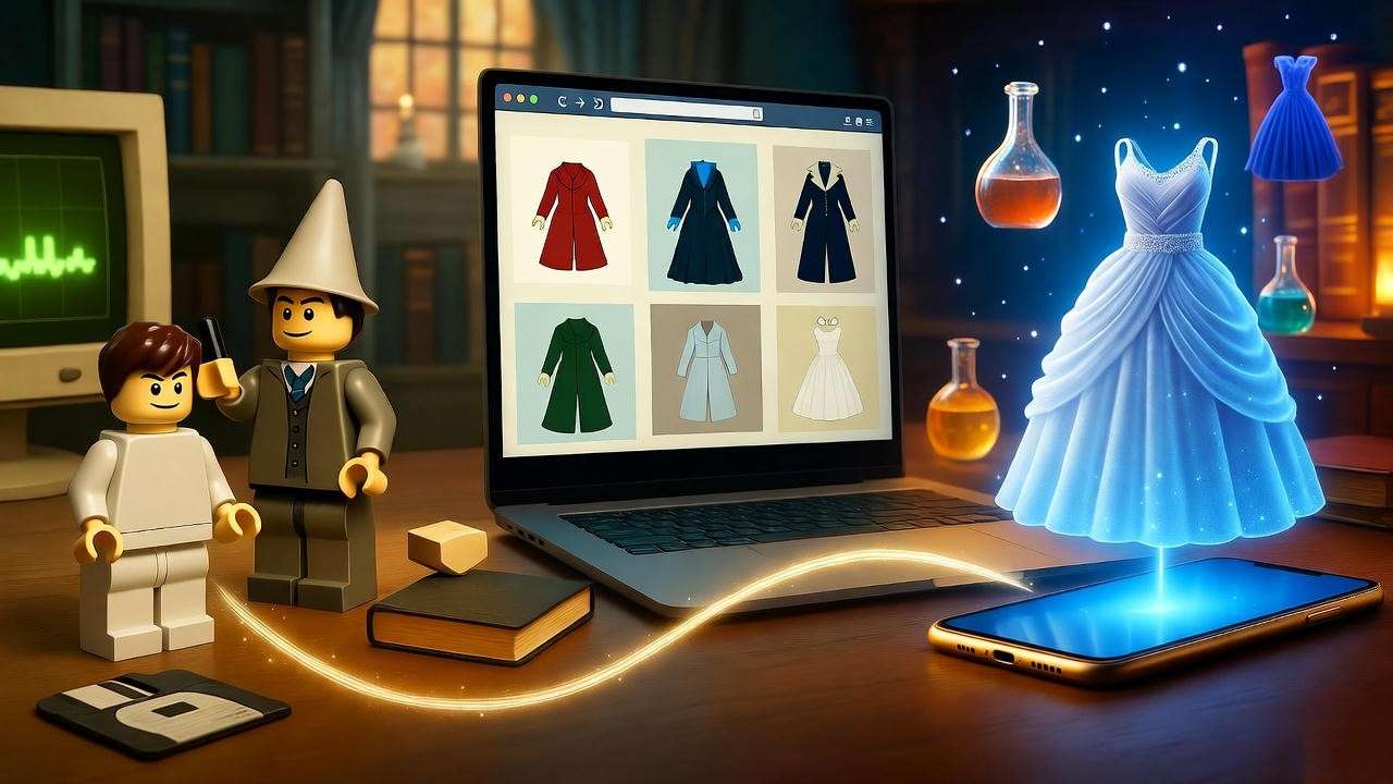 Evolution of Harry Potter dress up games from LEGO mods to modern AR outfits, historical timeline illustration.