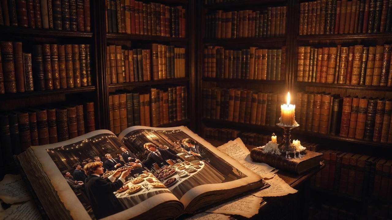 Vintage book illustration of Ron Weasley enjoying treacle tart in Hogwarts library for Harry Potter dessert lore.
