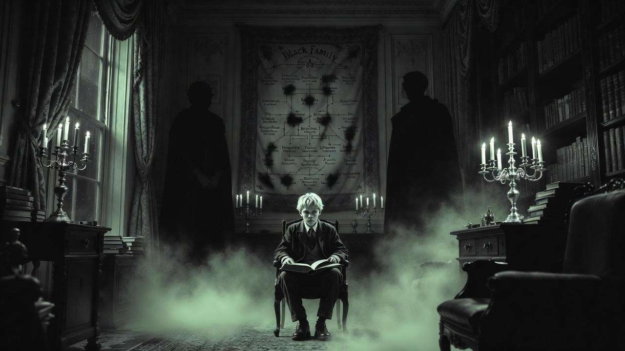  Illustration of young Regulus Black in the oppressive Grimmauld Place drawing room, highlighting Black family purity ideals in Harry Potter lore.
