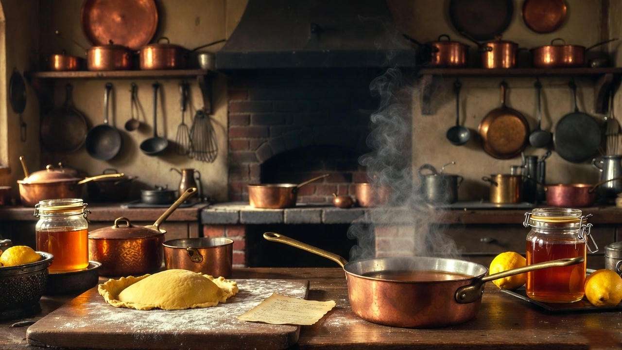 Historical British kitchen preparing golden syrup for traditional treacle tart recipe origins.
