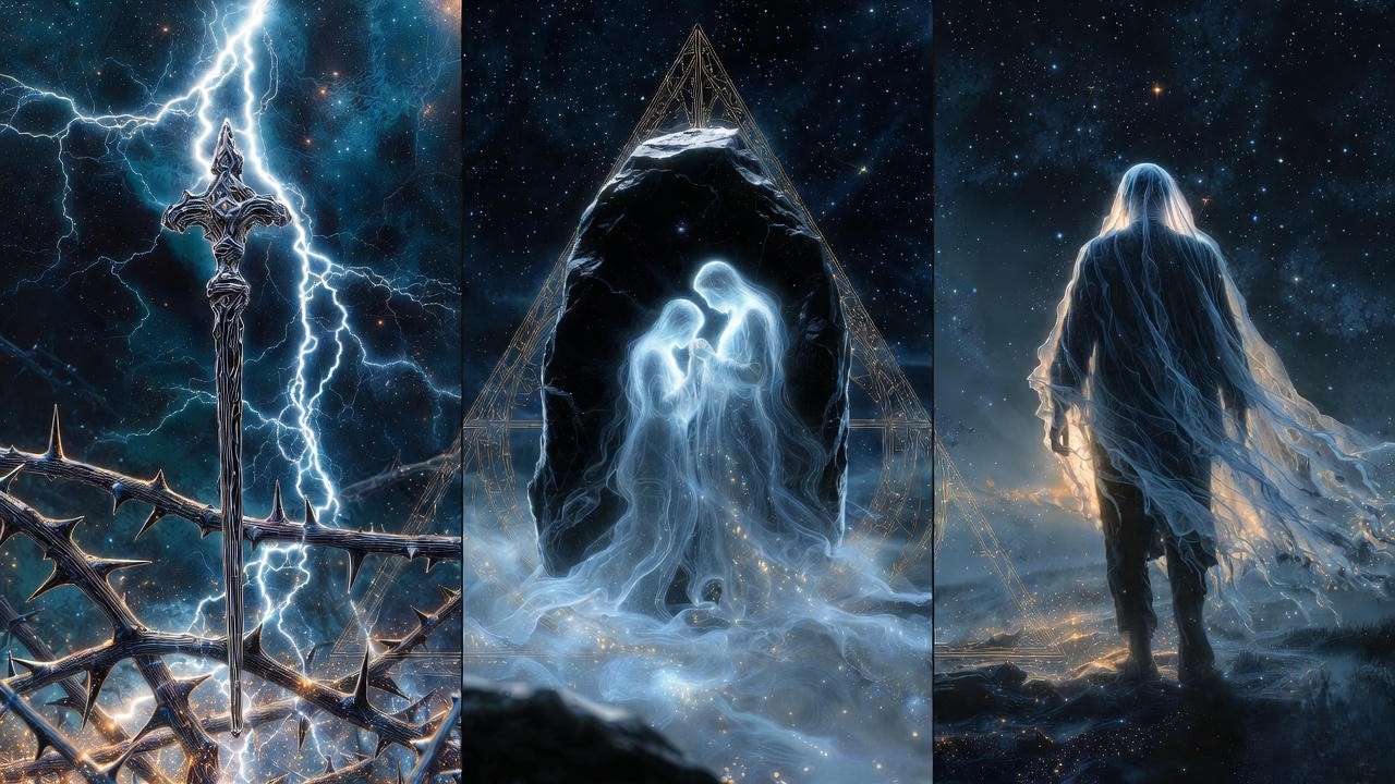 Symbolic representation of the Elder Wand, Resurrection Stone, and Invisibility Cloak in Harry Potter's Deathly Hallows from the Tale of the Three Brothers.
