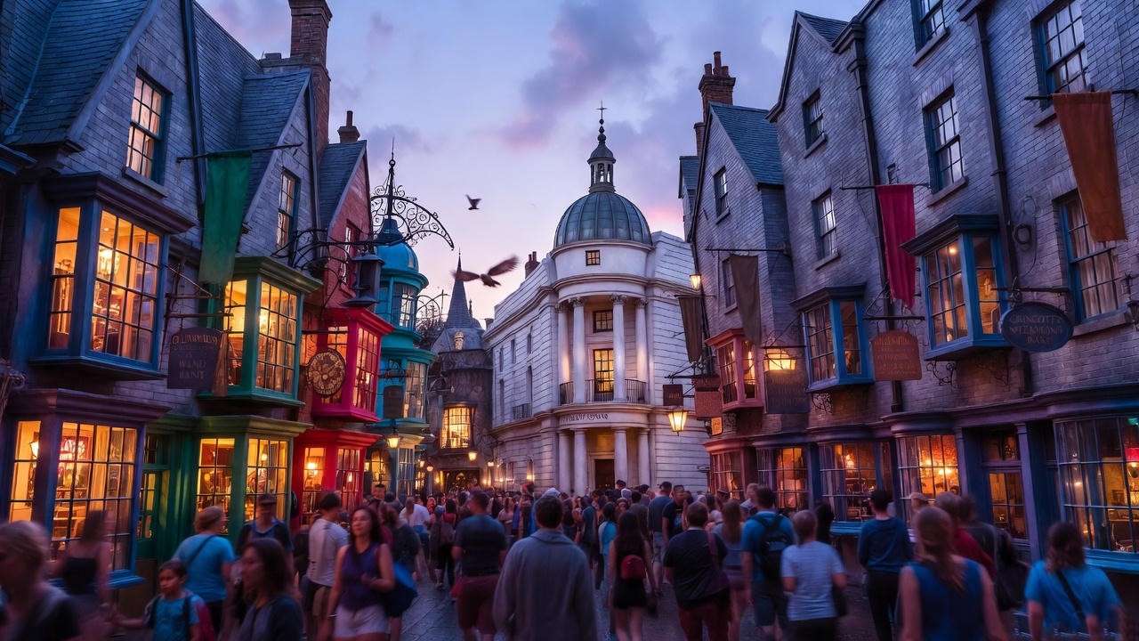 Bustling Diagon Alley at Universal Orlando Wizarding World of Harry Potter attractions 