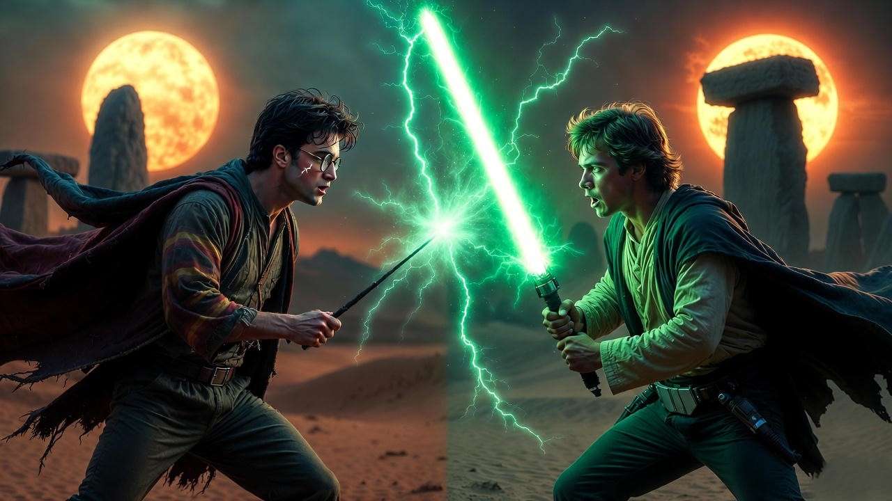 Dramatic Harry Potter vs. Luke Skywalker lightsaber and wand clash in epic Star Wars Harry Potter crossover matchup.