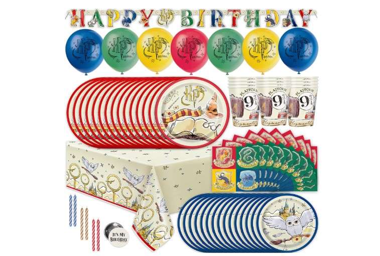 Harry Potter Birthday Decorations Kit | Party Supplies With Balloons, Table Cover, Banner, Dinner and Cake Plates, Napkins, Cups, Candles, Button - Serves 16