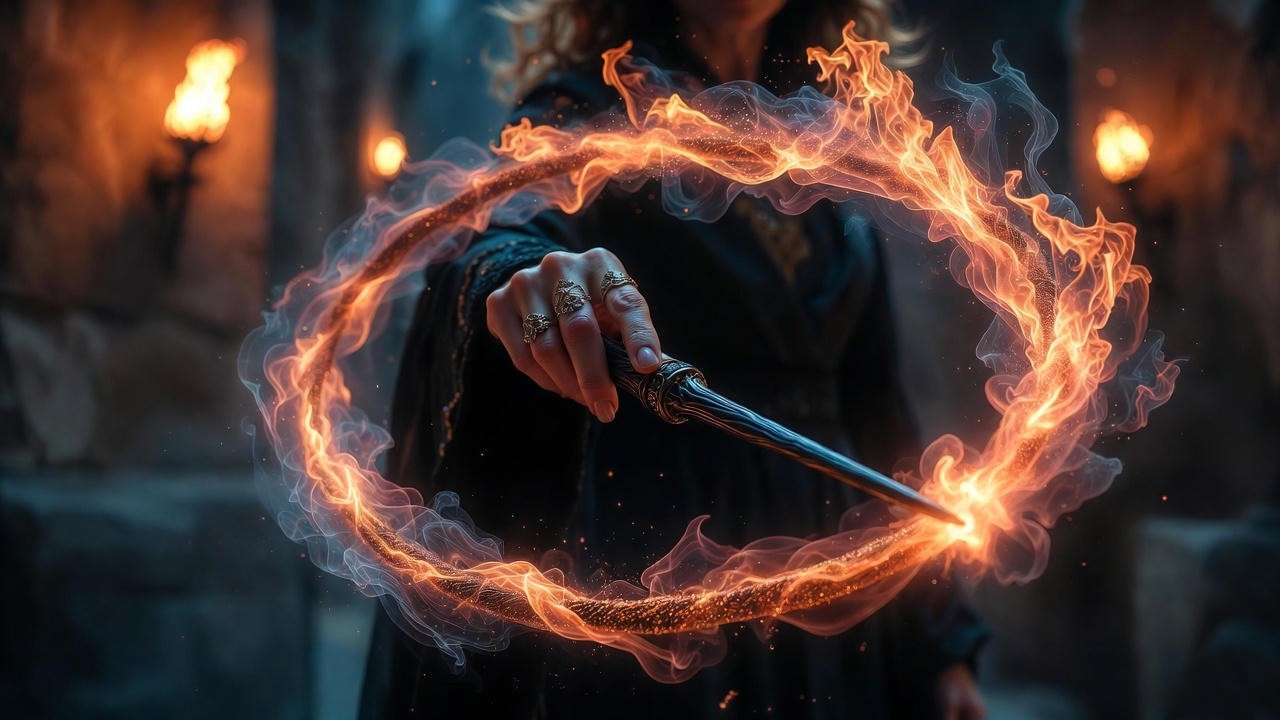 Illustrated diagram of flaming whip spell mechanics showing McGonagall's wand movements in Harry Potter.