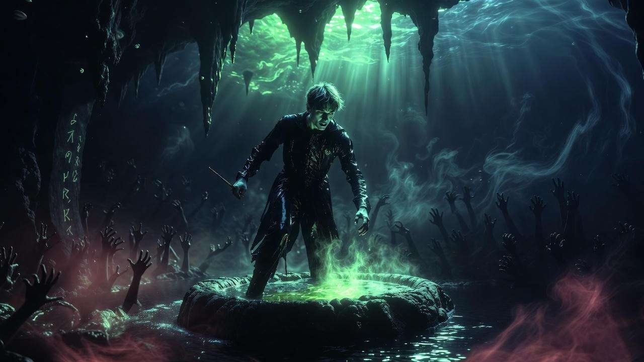 Dramatic depiction of Regulus Black confronting the Horcrux potion in the underwater cave, showcasing his sacrificial bravery in Harry Potter.
