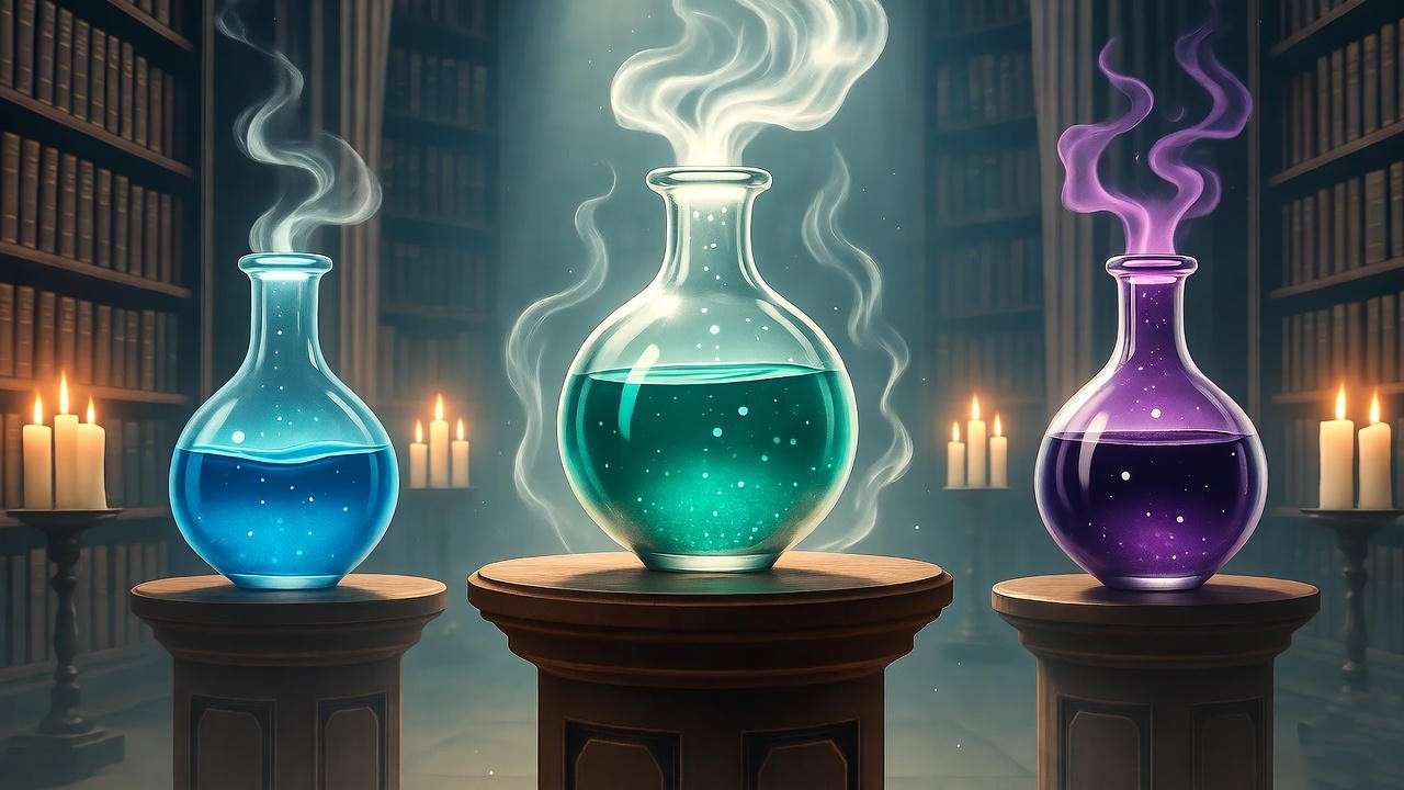 Visual comparison of Harry Potter calming potions: Draught of Peace vial versus Calming Draught and Living Death in wizarding library.
