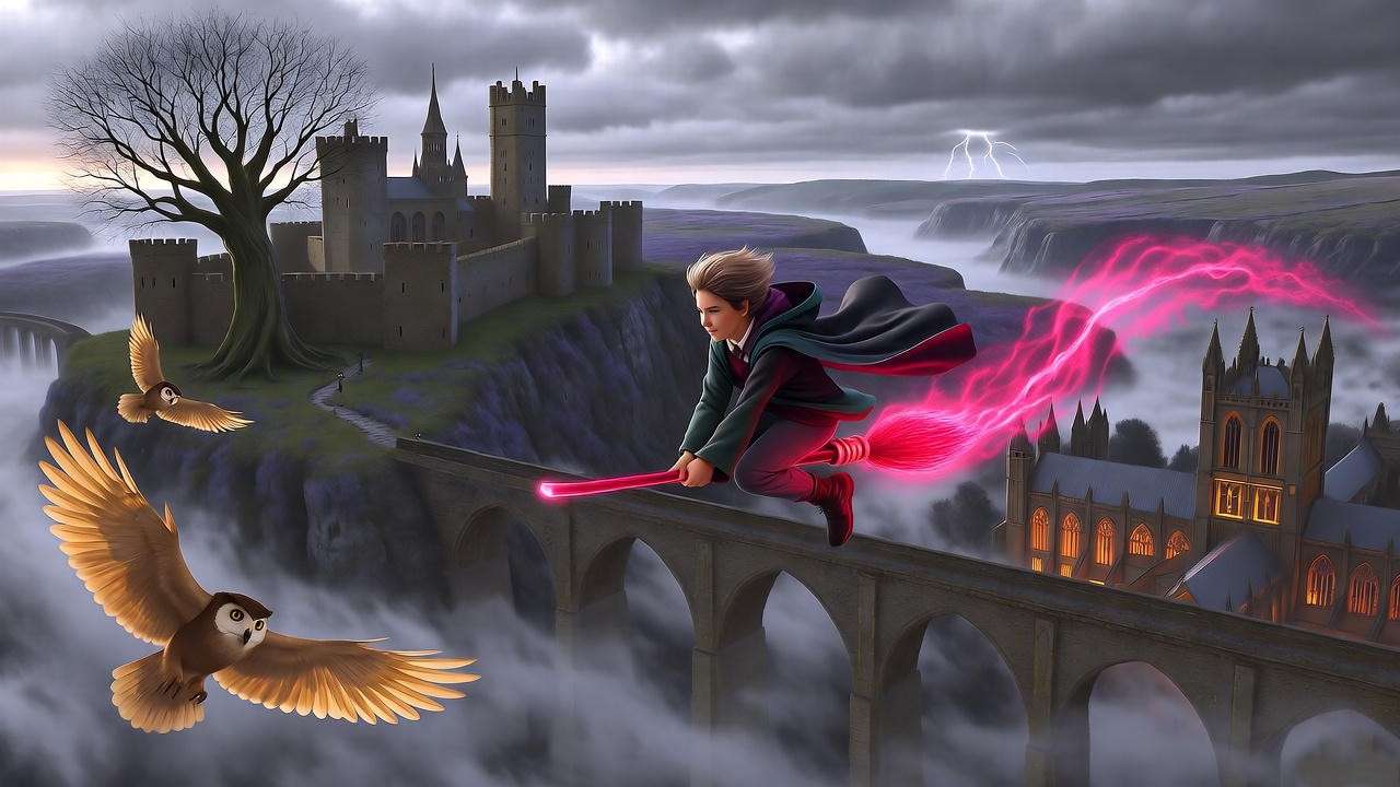 Broom flight over Alnwick Castle and Durham Cathedral in dramatic northern England wizarding art.