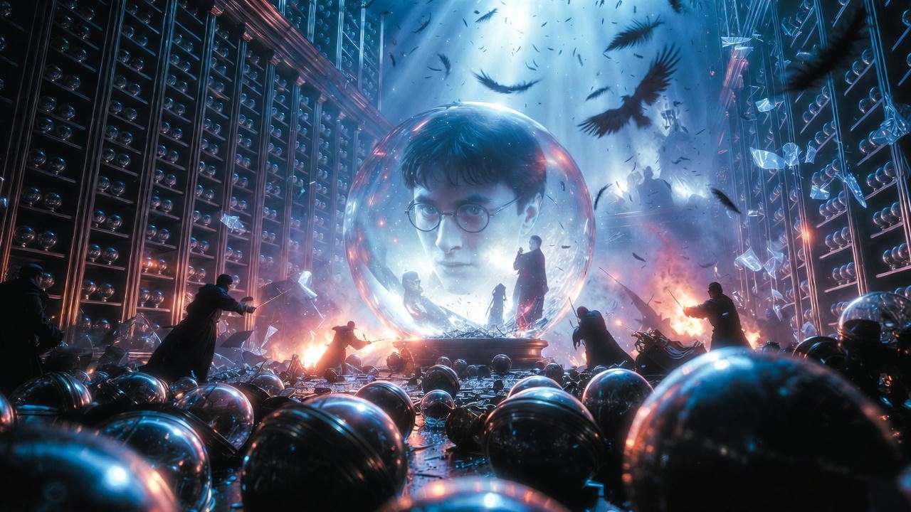 Epic Harry Potter prophecy crystal ball scene from Order of the Phoenix battle. 