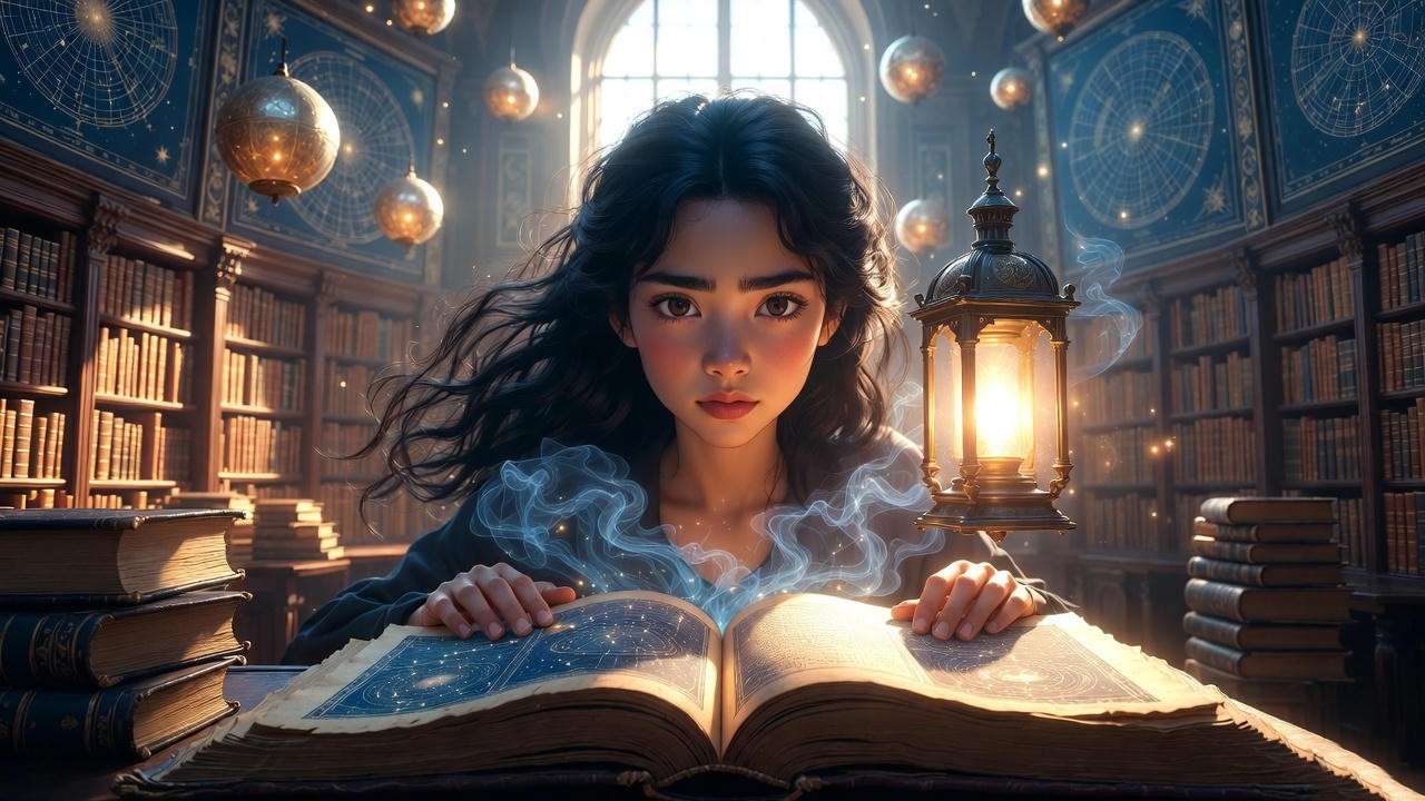 Illustration of young Professor Aurora Sinistra studying ancient star charts in Hogwarts library for Harry Potter astronomy teacher background.