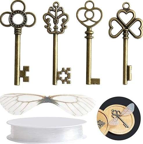 SANNIX 30 PCS Vintage Skeleton Keys Flying Keys with 30 Pairs Dragonfly Wings and 30 Yards Elastic String for Party Decorations