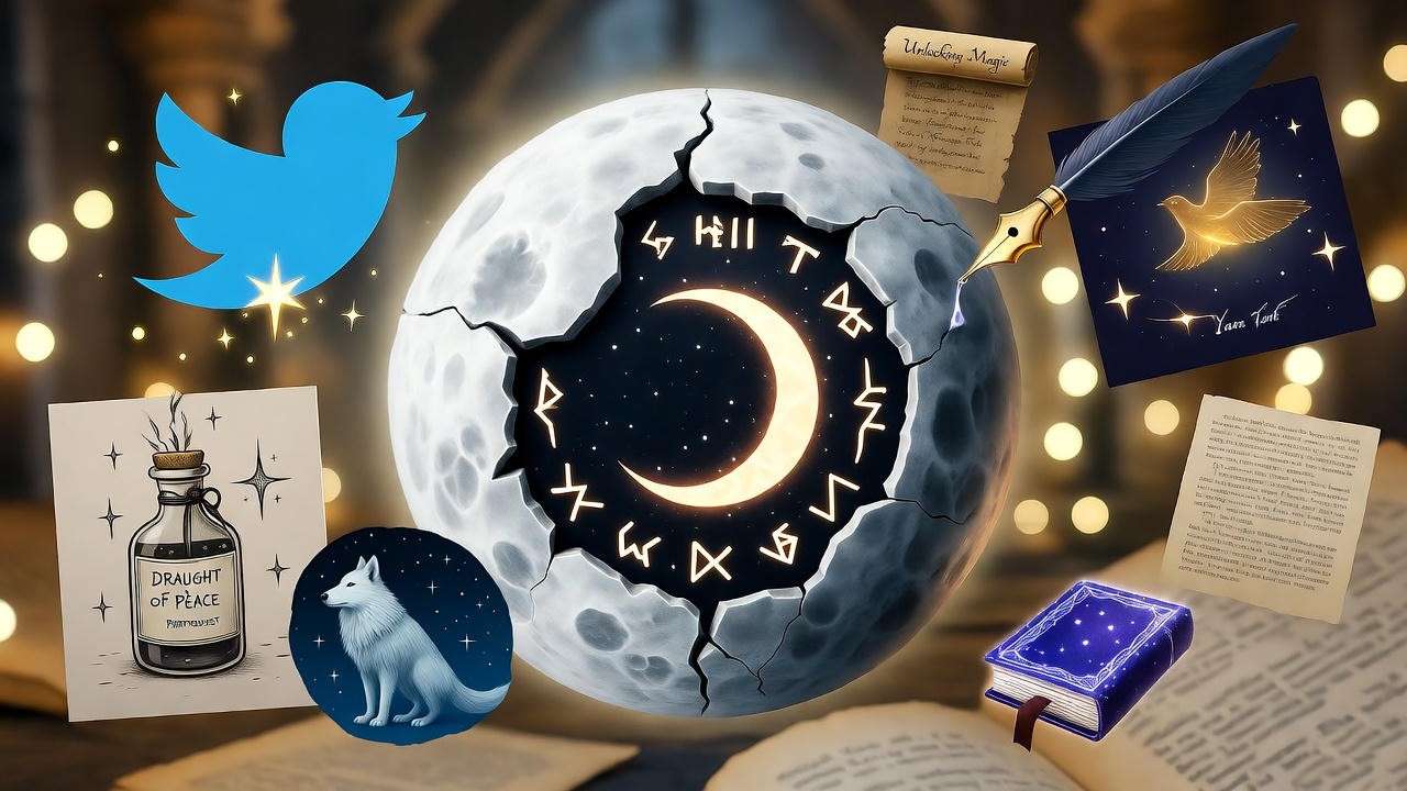 Whimsical collage of Harry Potter Draught of Peace fun facts and fan theories: moonstone runes, Patronus art, and curse theories in tower nook.
