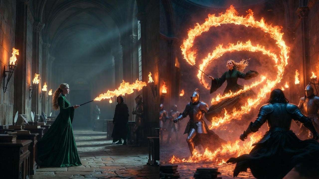 Split-view illustration of McGonagall's flaming whip in Harry Potter books vs. movie duel scene for canon comparison.