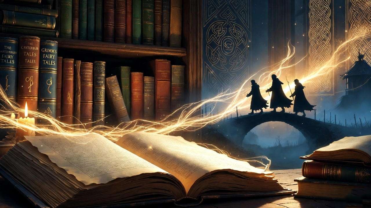 Ancient folklore roots inspiring the Tale of the Three Brothers in Harry Potter, illustrated with medieval books and mythic threads.