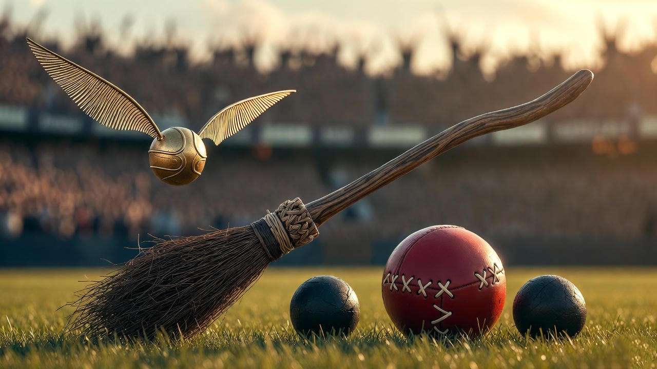 Harry Potter Quidditch elements illustration including broomstick, Snitch, Quaffle, and Bludgers on a pitch