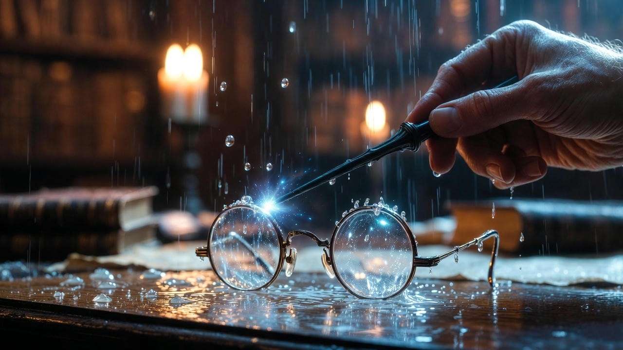 Harry Potter Impervius Charm repelling water from spectacles illustration for waterproof spell guide.