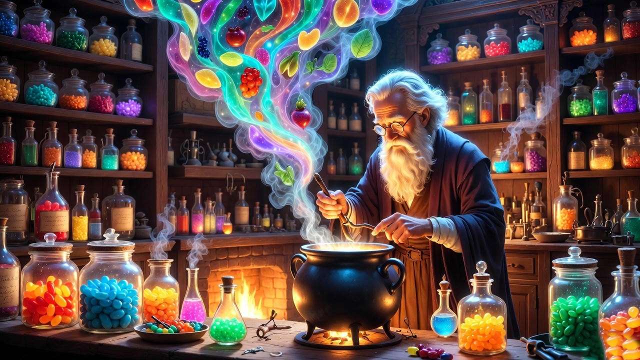 Vintage wizarding workshop inventing Bertie Bott's Every Flavor Beans in Harry Potter style, colorful essences and jelly bean jars.