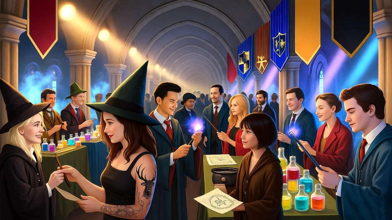 Fans at Harry Potter convention with Potter coat of arms tattoos and merch, fandom cultural impact.