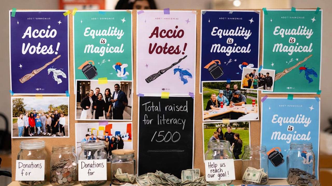 Harry Potter Alliance community board with charity posters and donation jars for fan activism grants