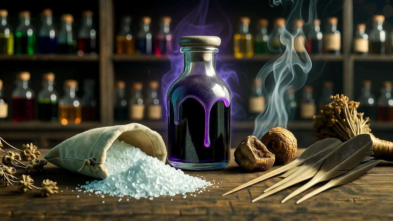 Close-up of Harry Potter Draught of Peace ingredients: powdered moonstone, hellebore syrup, mandrake roots, and porcupine quills on apothecary table.
