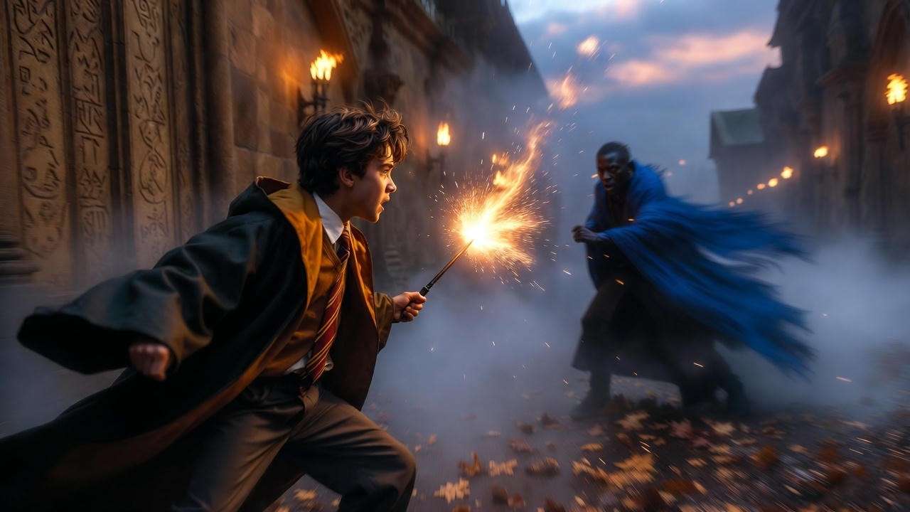 Gabriel Truman Hufflepuff duel scene in Harry Potter Hogwarts corridor rivalry
