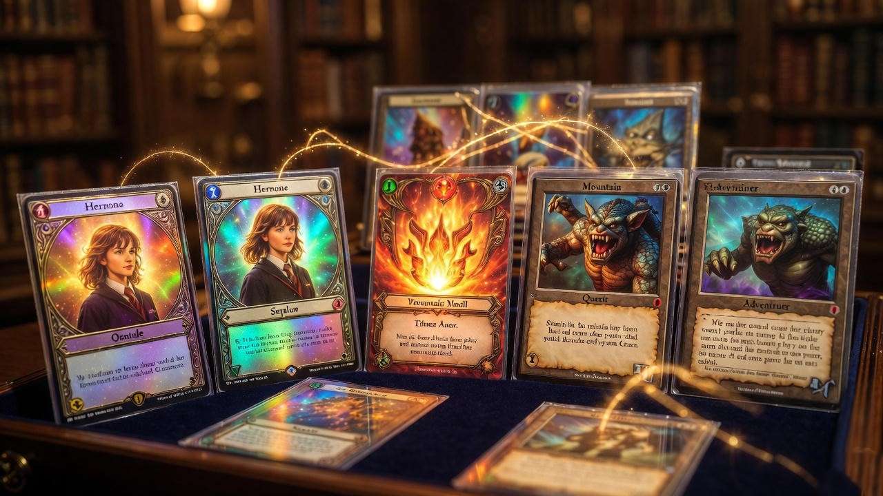 Assortment of Harry Potter trading card game types including characters spells and creatures.