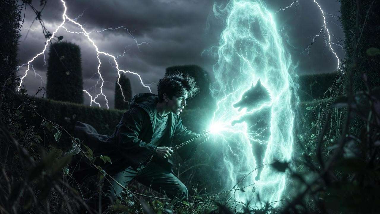 Harry Potter ash tree wand casting Expelliarmus in Triwizard maze duel, with wolf Patronus and lightning, showcasing magical powers.